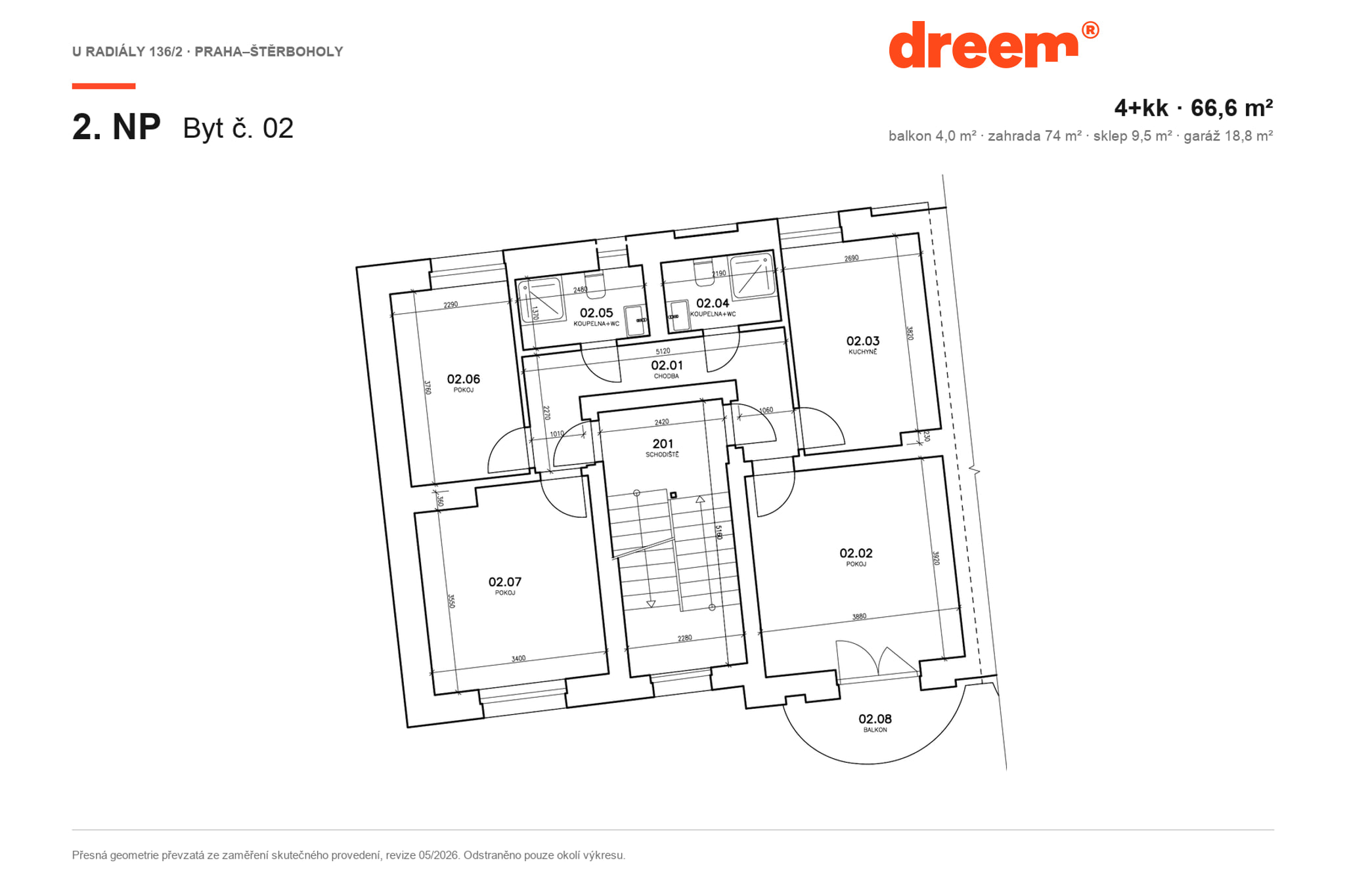 Půdorys bytu 4+kk o ploše 66,6 m² v 1. patře domu U Radiály 136/2