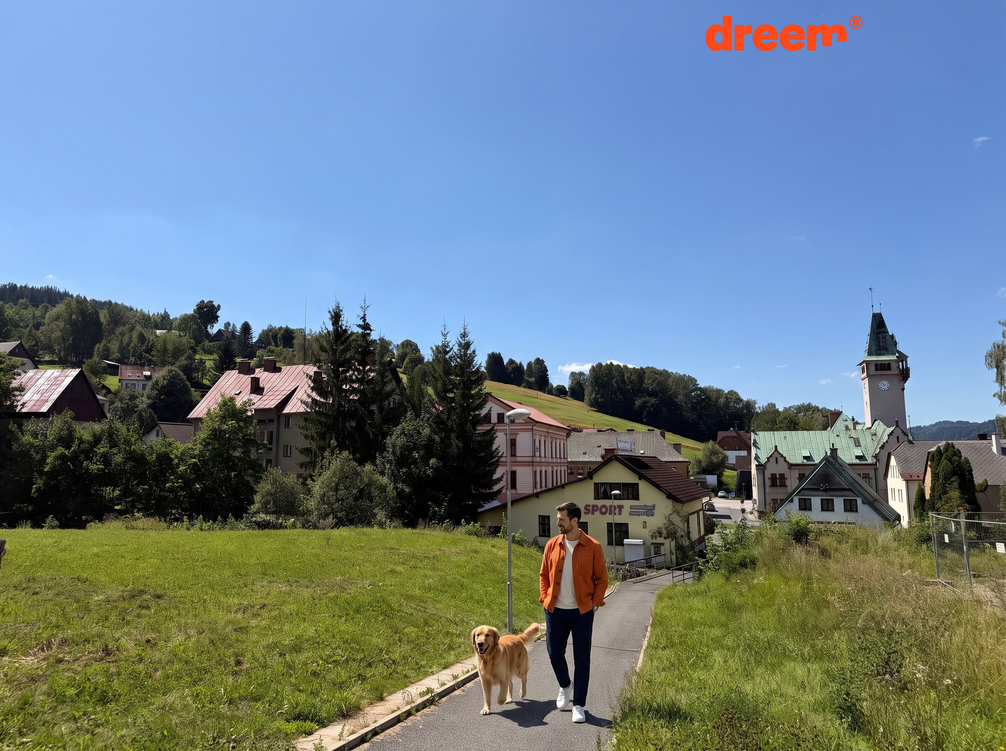 Cesta vedoucí travnatým svahem směrem k budovám v obci s věží v pozadí za jasného dne