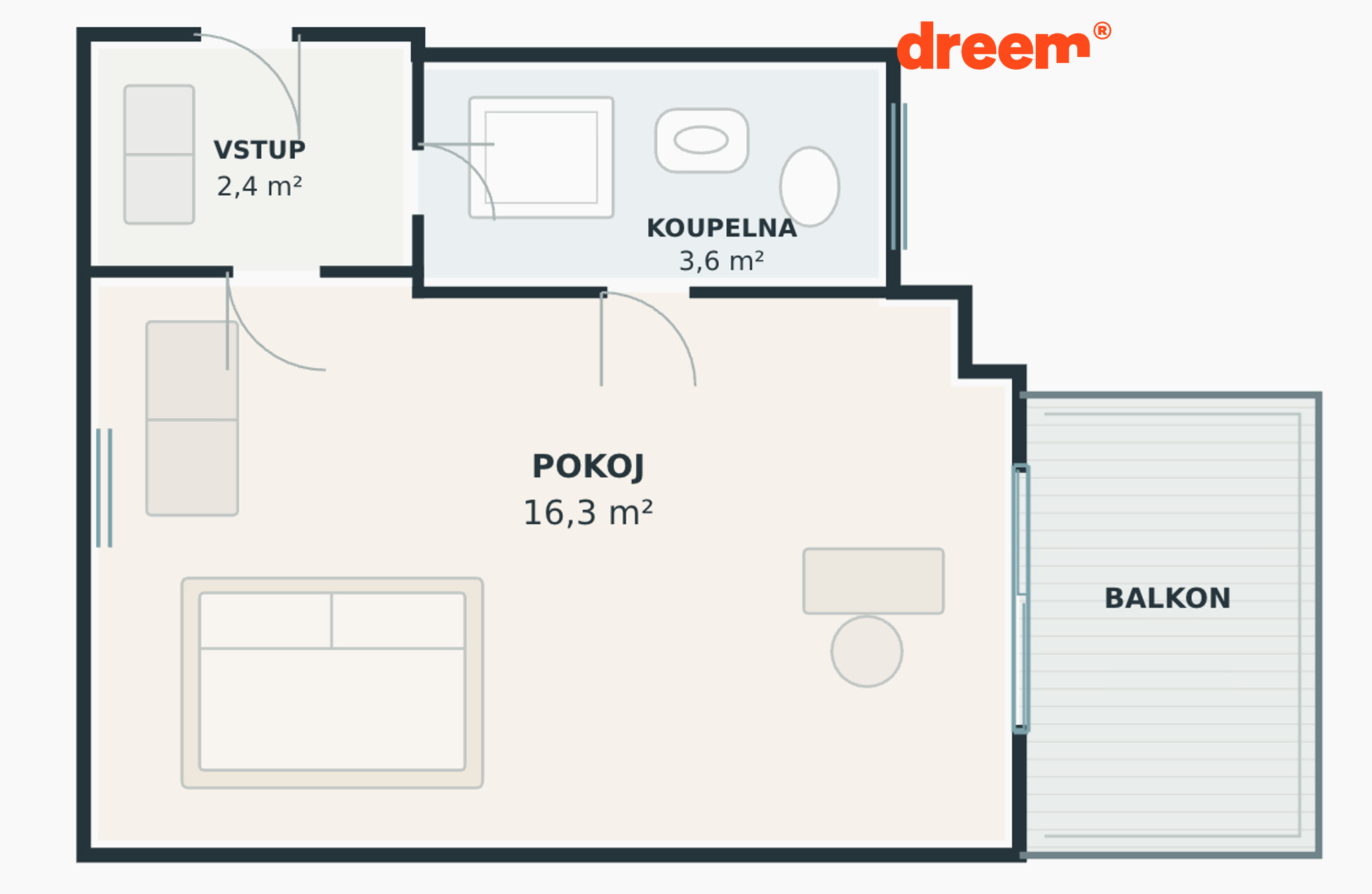 Grafický 2D půdorys bytu znázorňující dispozici s pokojem, vstupem, koupelnou a balkonem